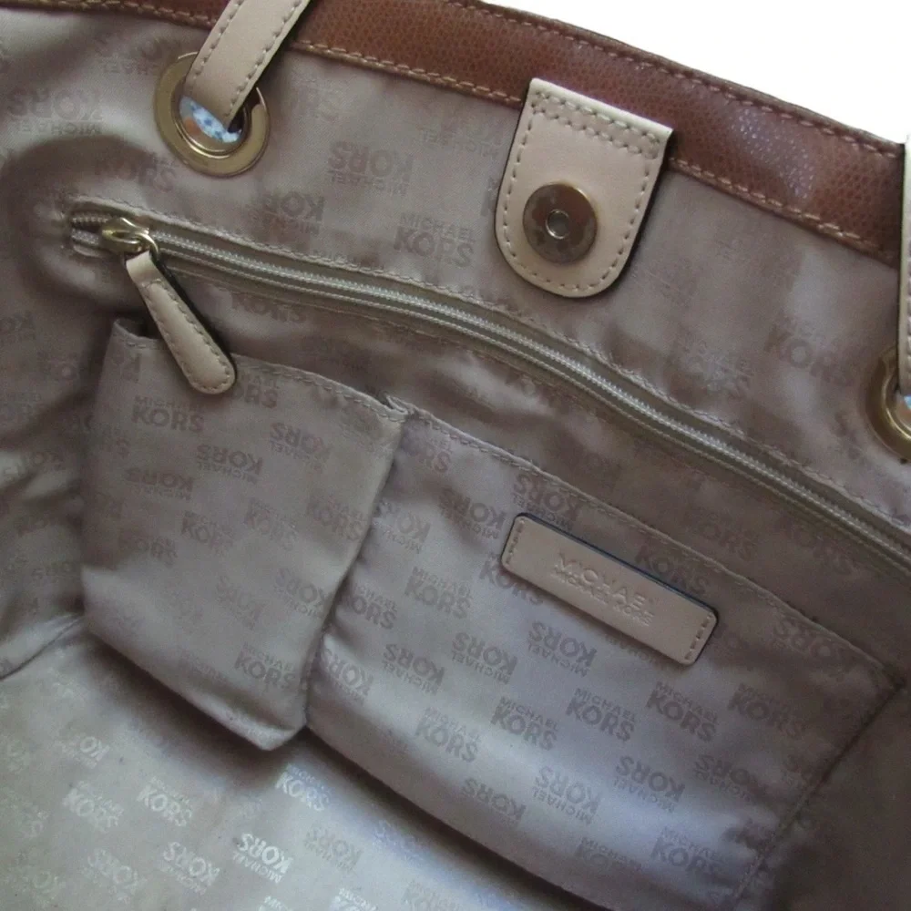 Michael Kors Jet Set Tote Bag Brown Tan Leather Large Adjustable Straps Flaws